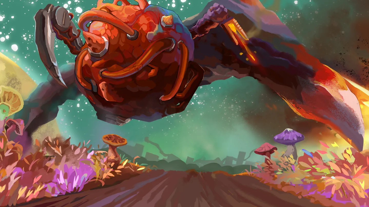 Mycopunk's colorful fungal monsters beneath a green sky